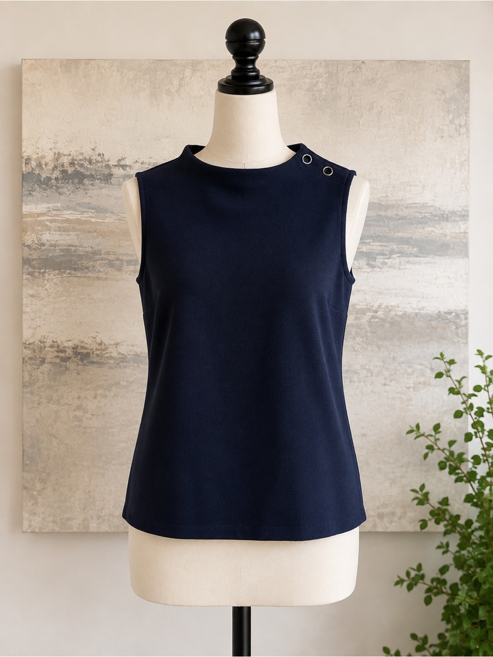 Talbots Navy Sleeveless Knit Top Mock Neck Button Shoulder Stretch Shell Top M